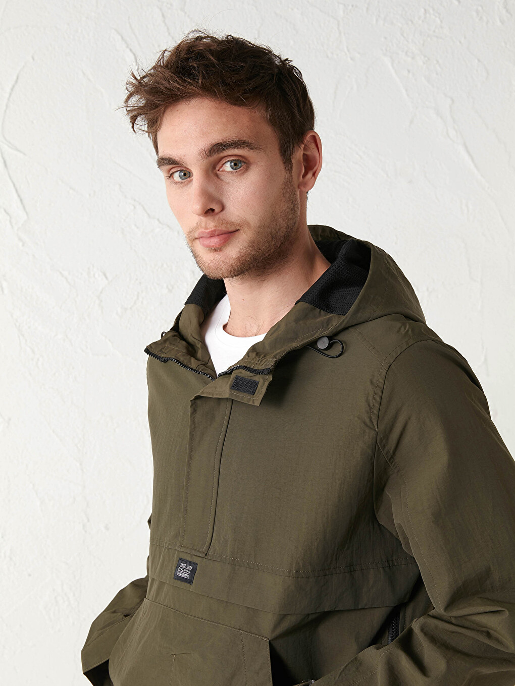 Haki Slim Fit Kapüşonlu İnce Erkek Kanguru Mont
