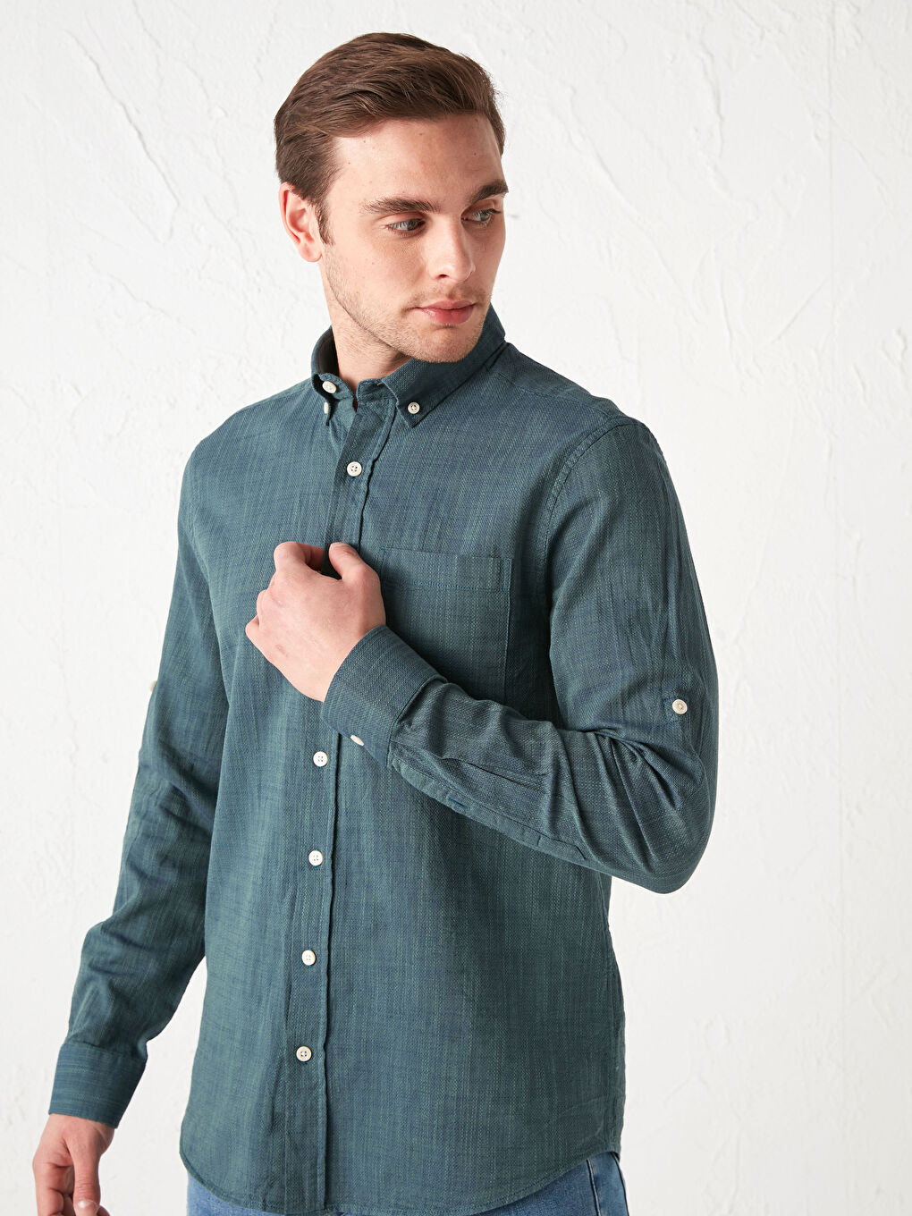 Yeşil Regular Fit Uzun Kollu Poplin Erkek Gömlek-1