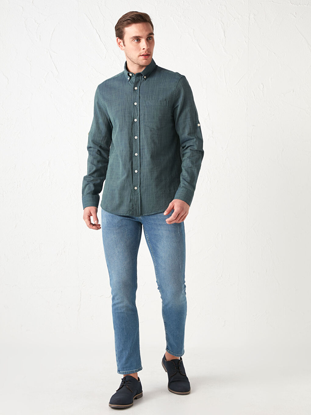 Yeşil Regular Fit Uzun Kollu Poplin Erkek Gömlek-3