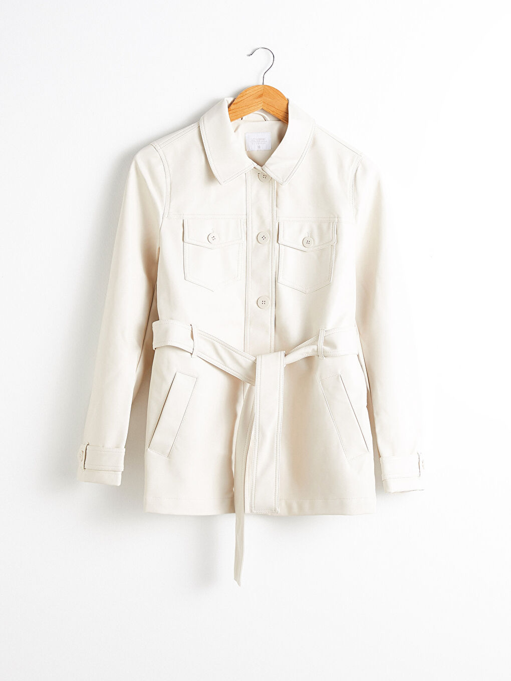 Manteau en simili cuir avec ceinture et col de chemise pour Femmes-5