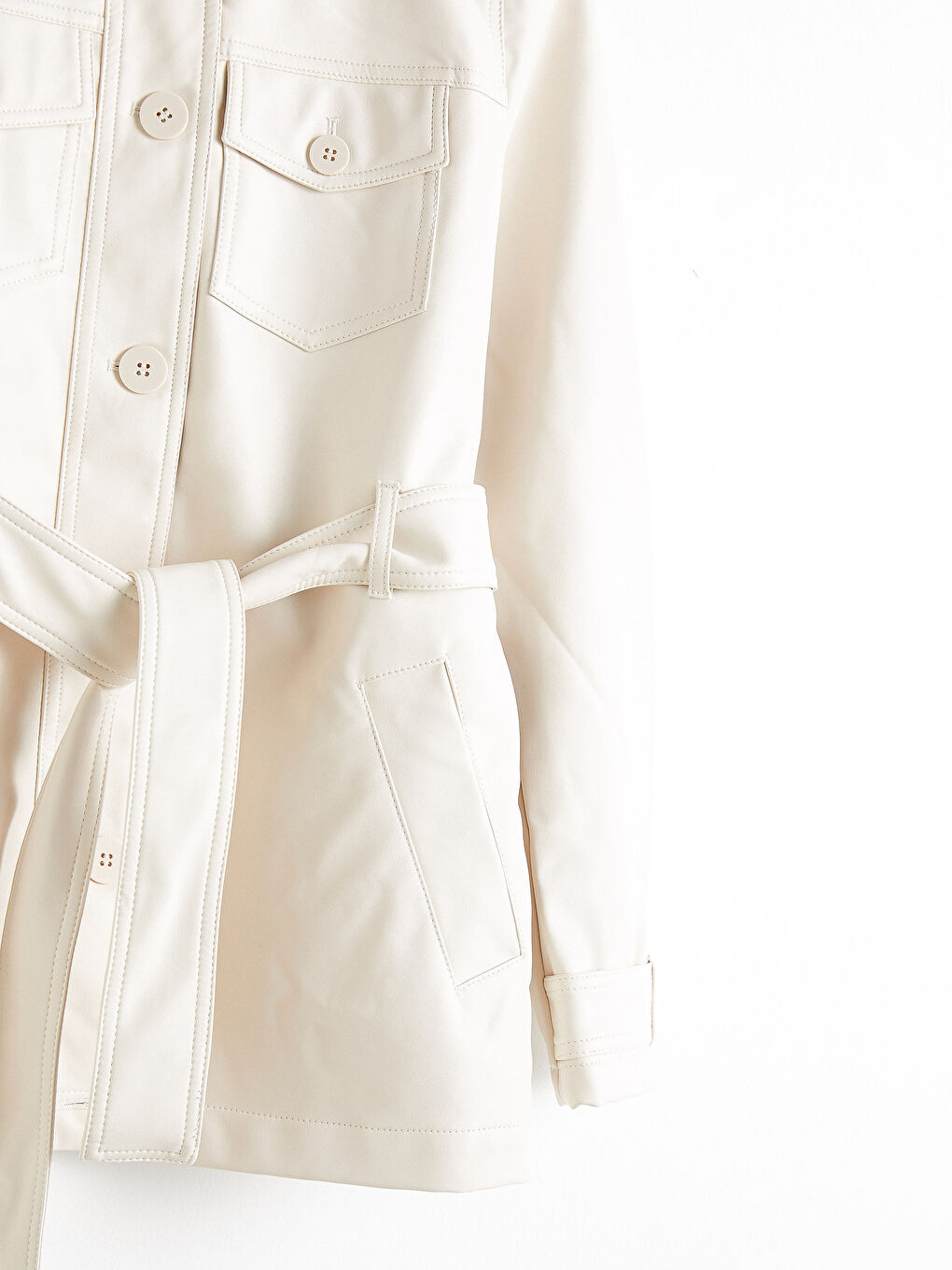 Manteau en simili cuir avec ceinture et col de chemise pour Femmes-8