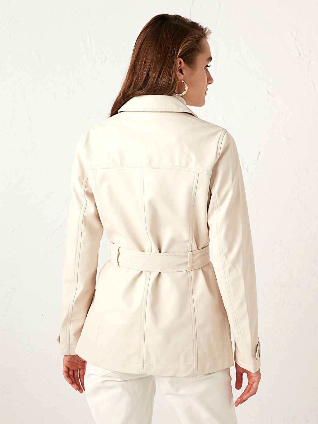 Manteau en simili cuir avec ceinture et col de chemise pour Femmes-4