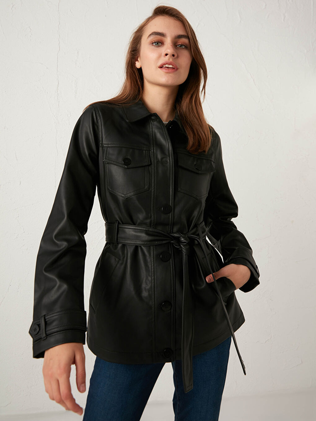Shirt Collar Belted Leather Look Women's Coat -S10437Z8-E0N