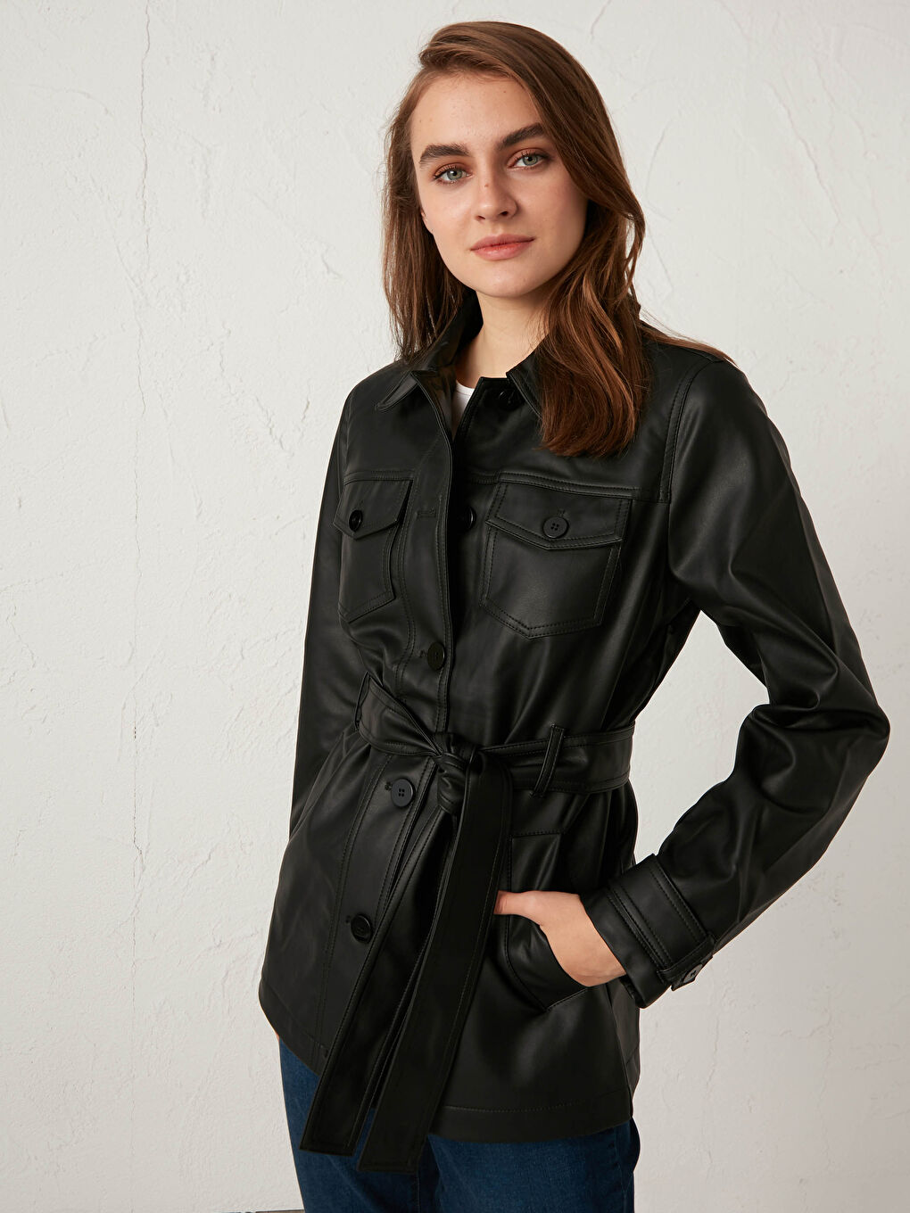 Shirt Collar Belted Leather Look Women's Coat -S10437Z8-E0N