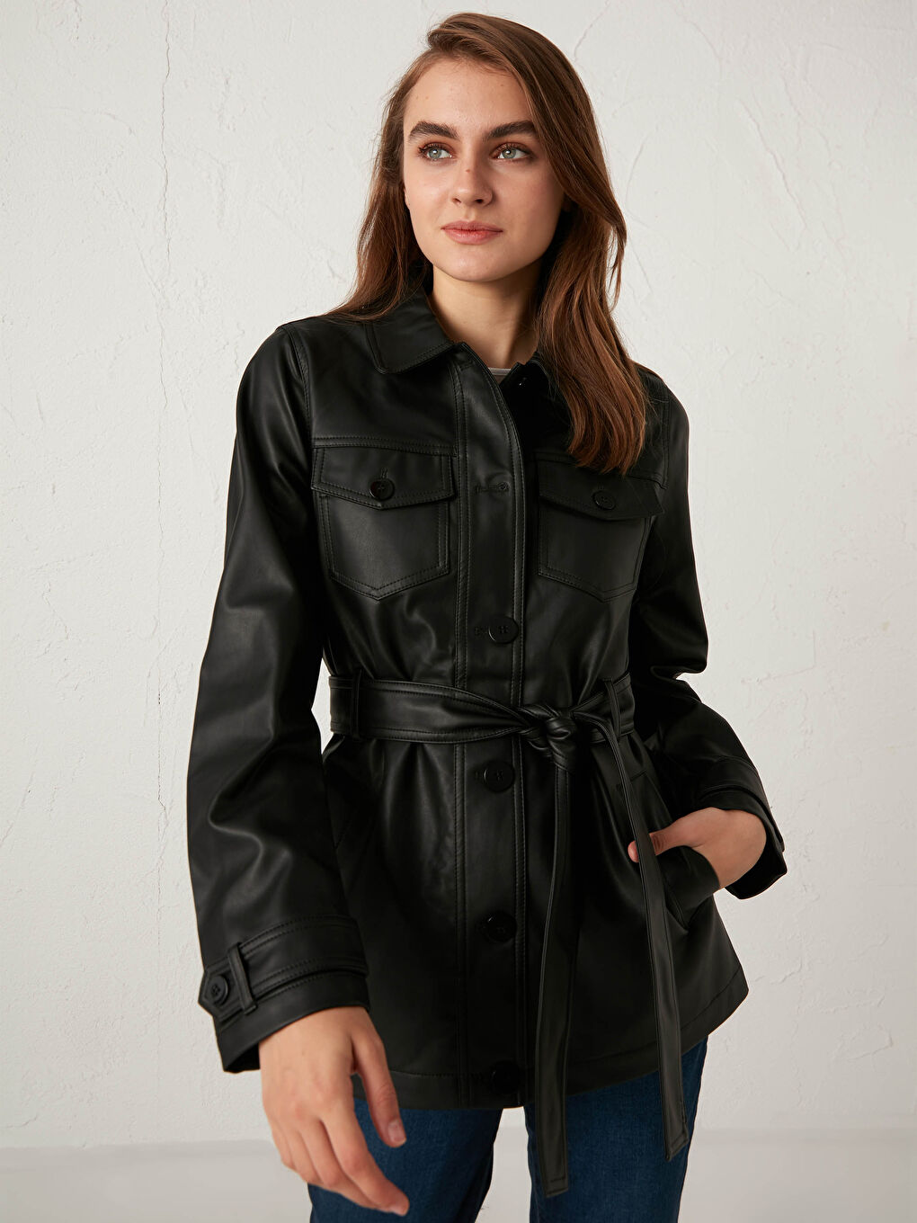 Shirt Collar Belted Leather Look Women's Coat -S10437Z8-E0N