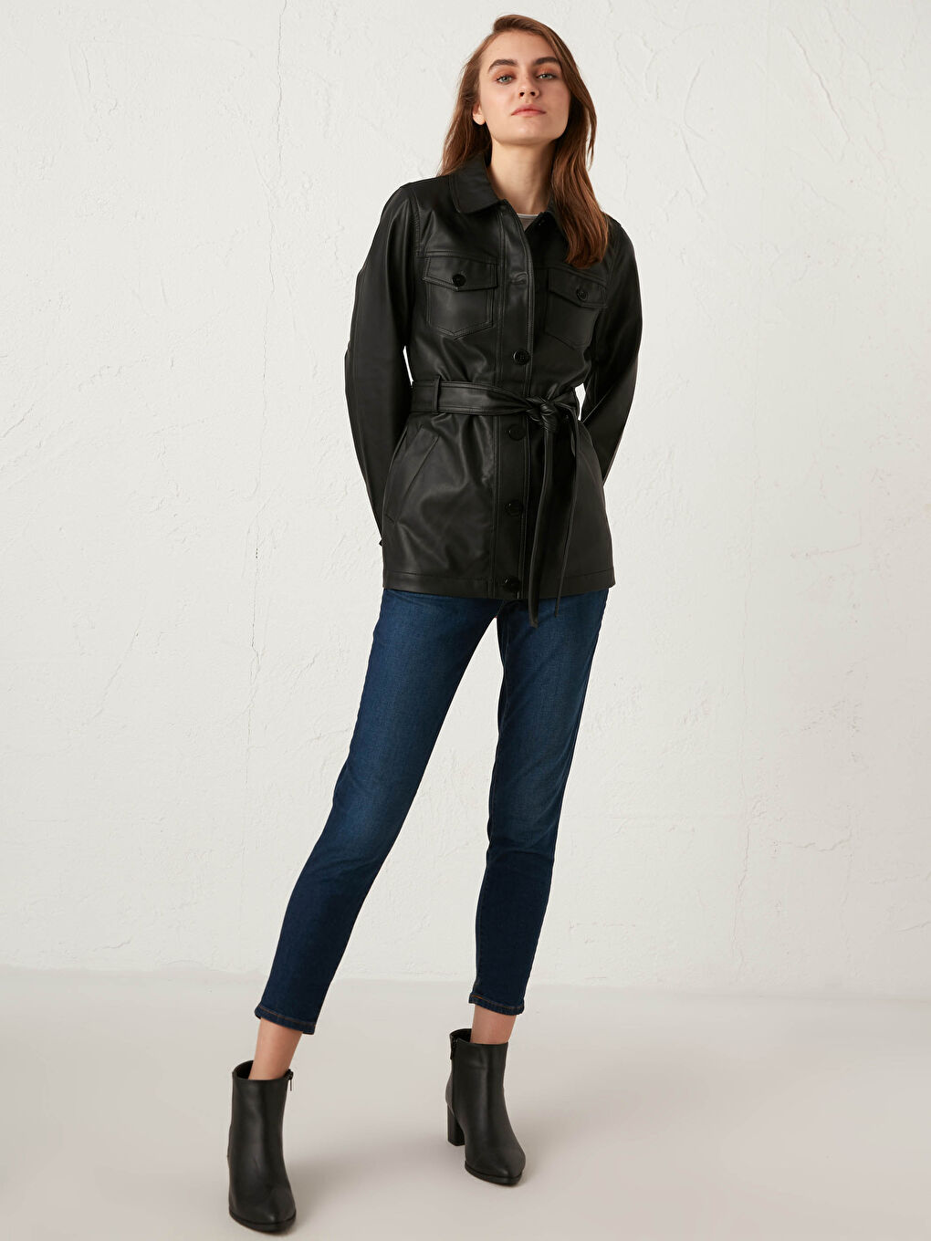 Shirt Collar Belted Leather Look Women's Coat -S10437Z8-E0N