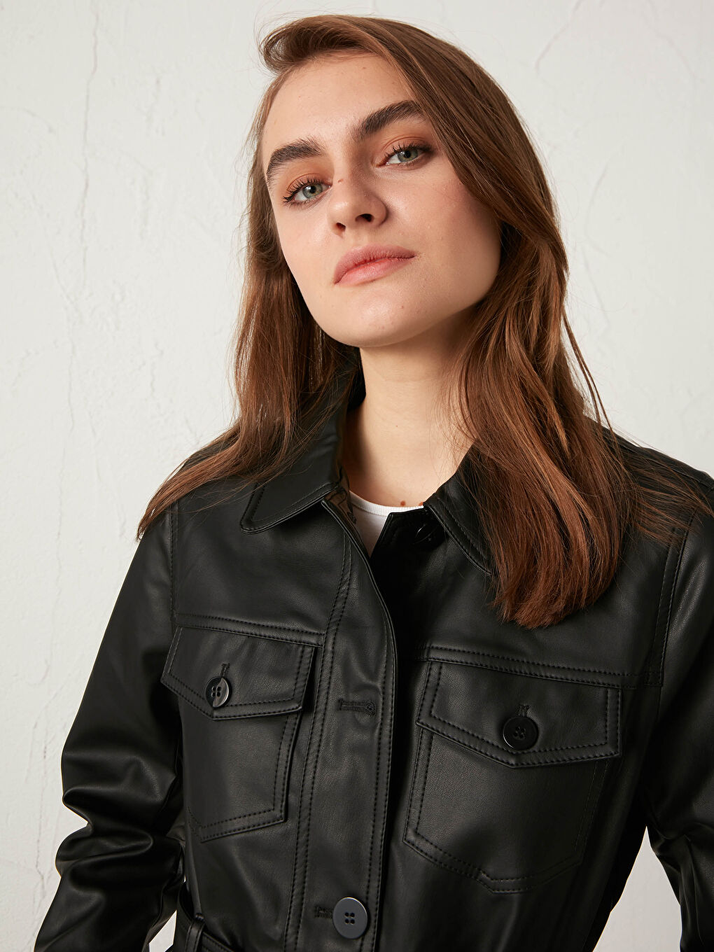 Shirt Collar Belted Leather Look Women's Coat -S10437Z8-E0N
