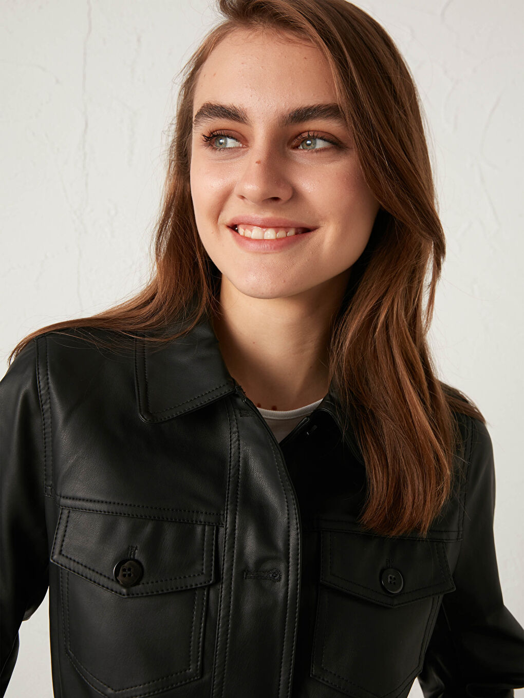 Shirt Collar Belted Leather Look Women's Coat -S10437Z8-E0N