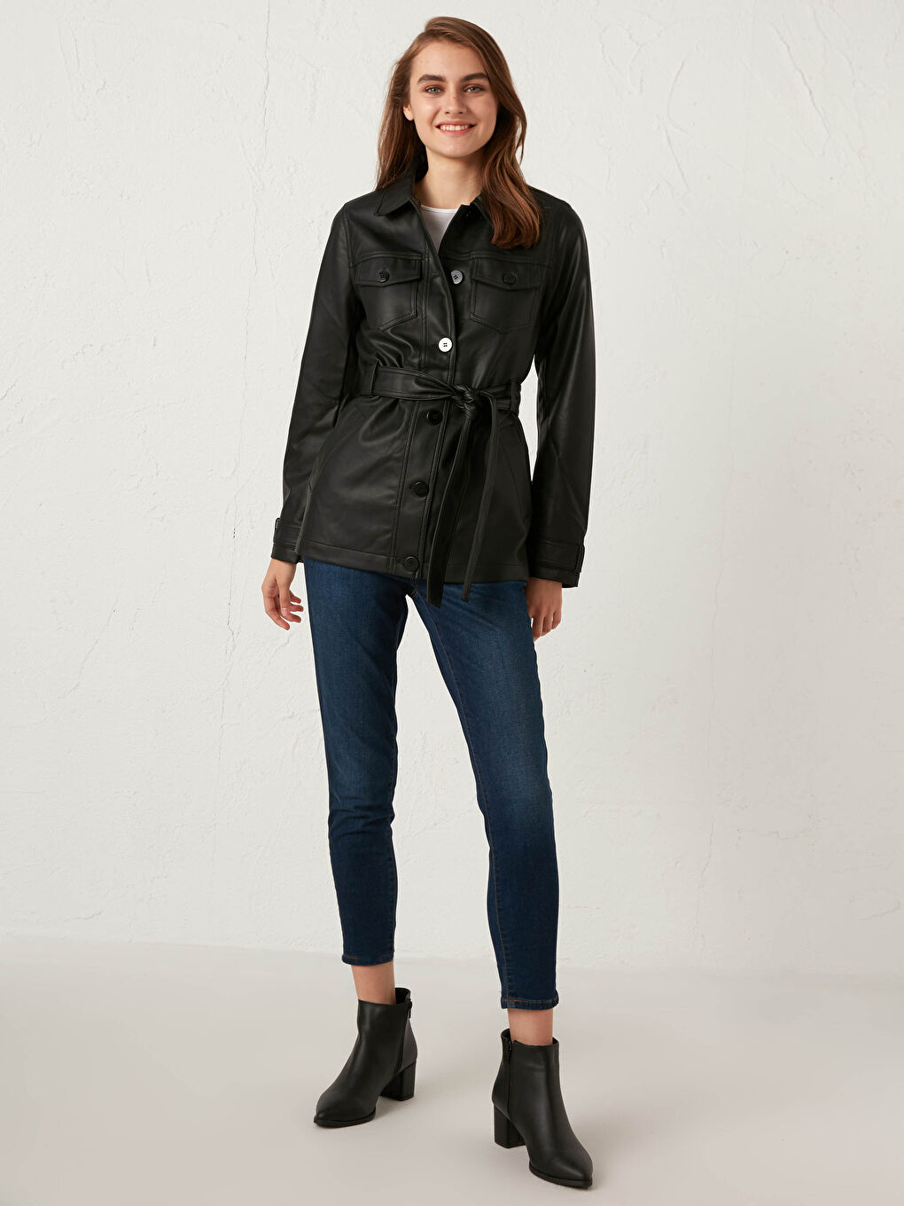 Shirt Collar Belted Leather Look Women's Coat -S10437Z8-E0N