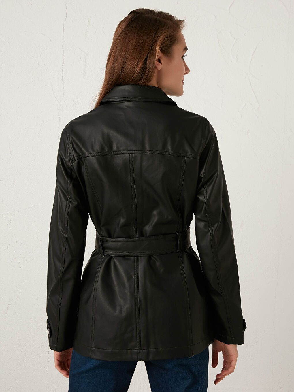 Shirt Collar Belted Leather Look Women's Coat -S10437Z8-E0N