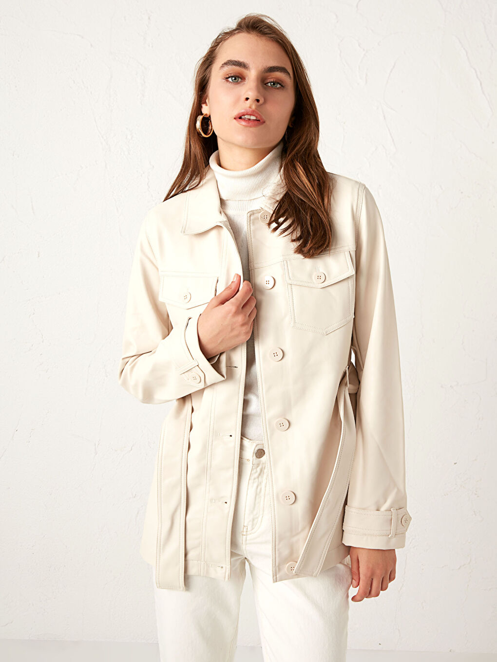 Manteau en simili cuir avec ceinture et col de chemise pour Femmes