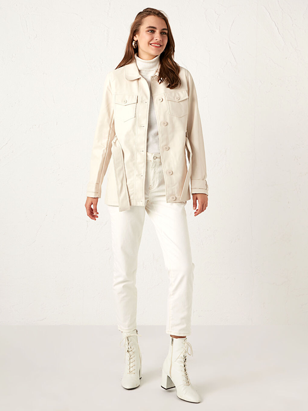 Manteau en simili cuir avec ceinture et col de chemise pour Femmes-3