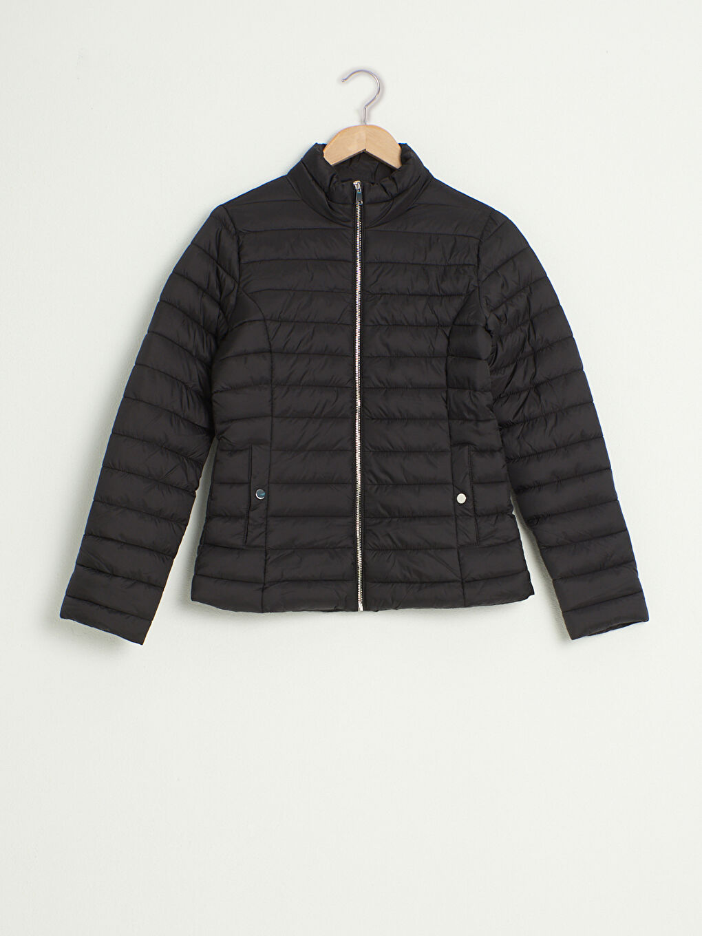 ياقة قمع كم طويل عادي معطف منتفخ للسيدات