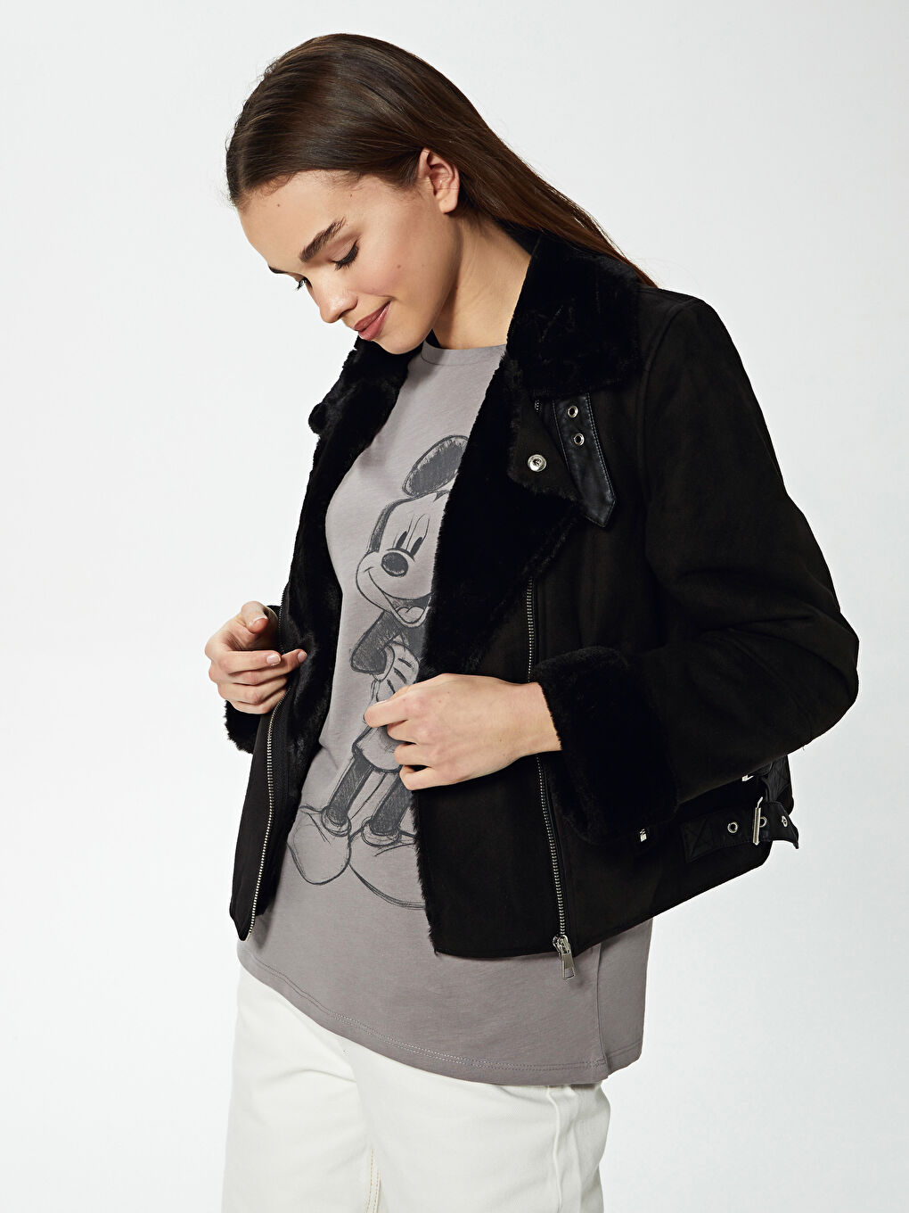 LCW Vision Zip-Off Fur Detailing Long Sleeved Women's Leather Looking Coat -S10469Z8-CVL