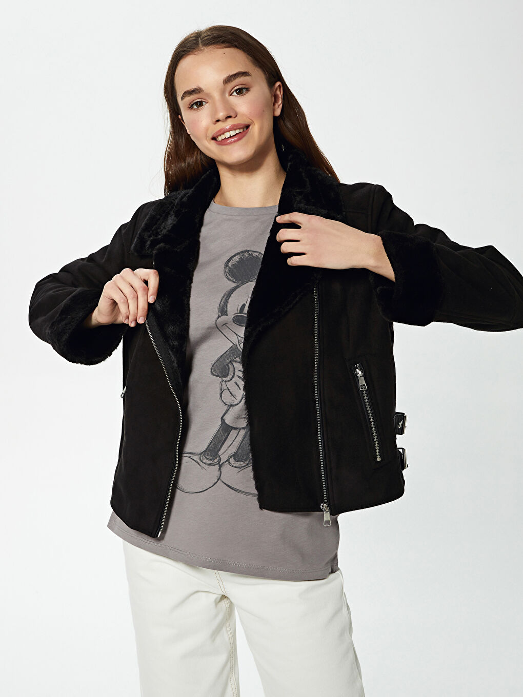 LCW Vision Zip-Off Fur Detailing Long Sleeved Women's Leather Looking Coat -S10469Z8-CVL
