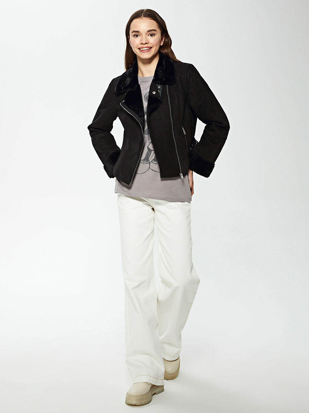 LCW Vision Zip-Off Fur Detailing Long Sleeved Women's Leather Looking Coat -S10469Z8-CVL