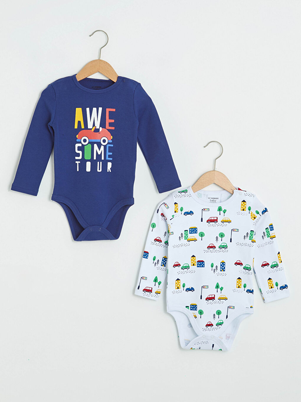 Crew Neck Long Sleeve Printed Baby Boy Body With Snap Fastener 2 Pieces