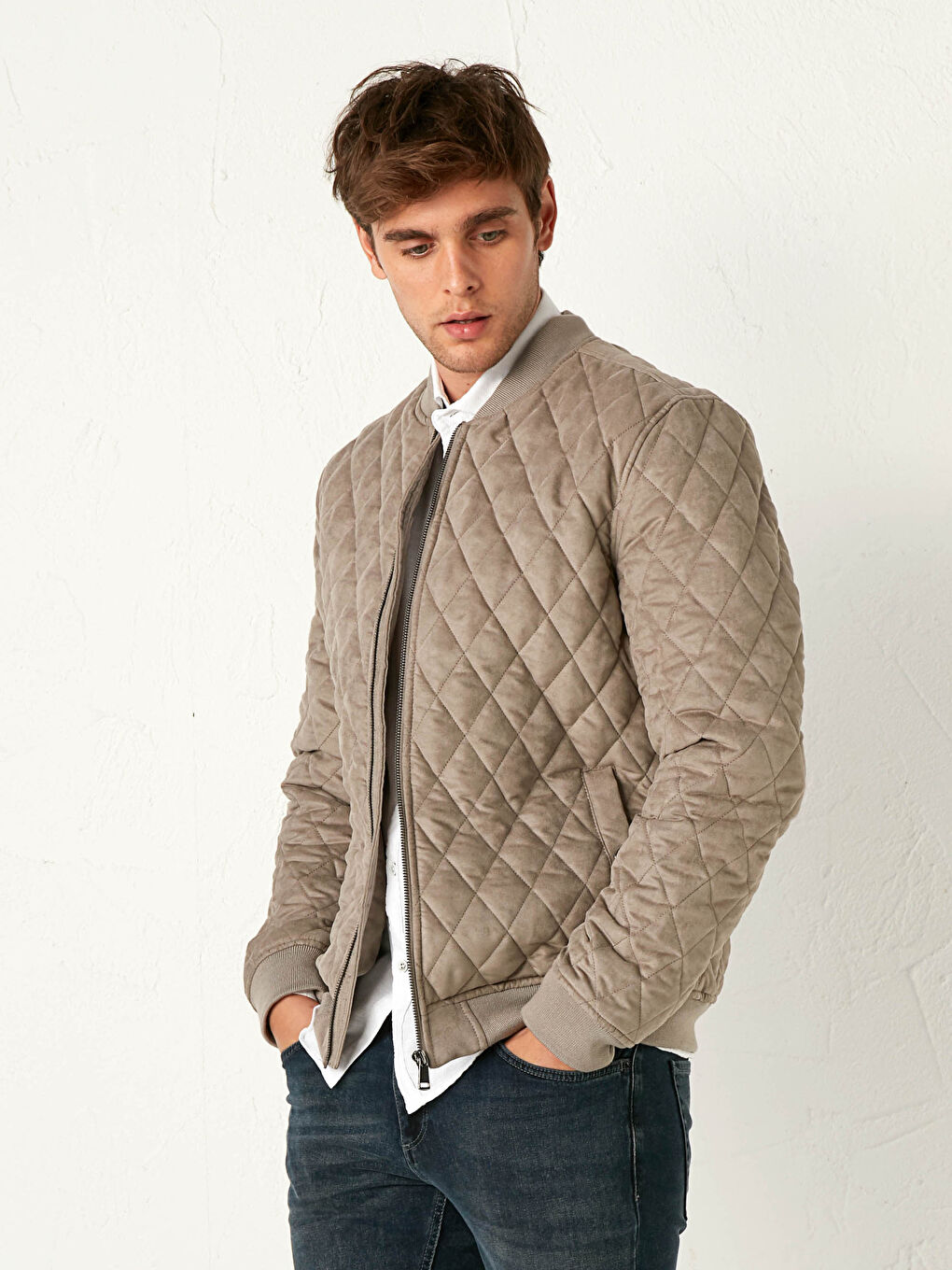 Ekru Slim Fit Kolej Yaka Bomber Mont-2