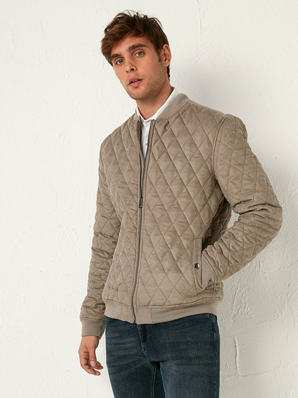 Ekru Slim Fit Kolej Yaka Bomber Mont-3