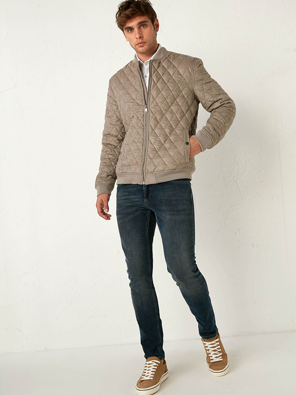 Ekru Slim Fit Kolej Yaka Bomber Mont-4