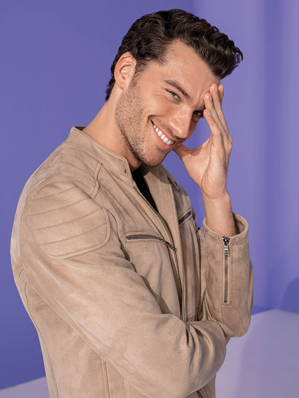 Bej Slim Fit İnce Süet Mont-1