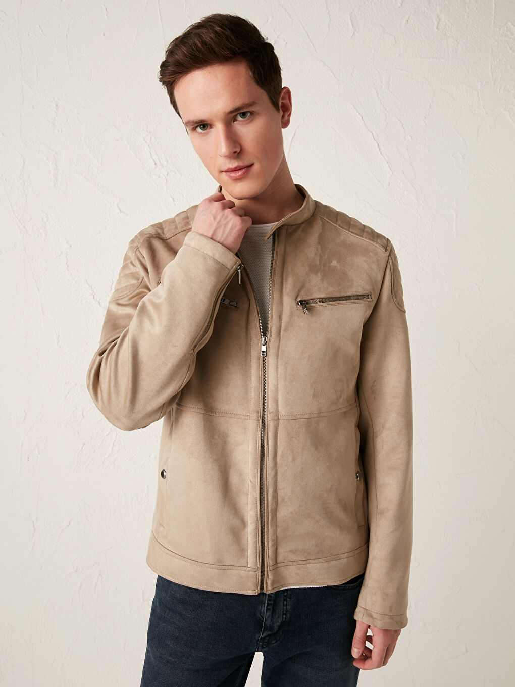 Bej Slim Fit İnce Süet Mont-2