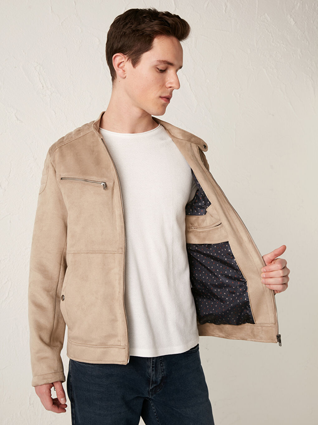 Bej Slim Fit İnce Süet Mont-3