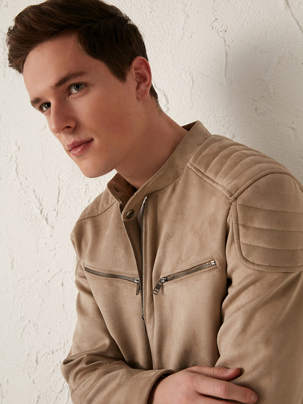 Bej Slim Fit İnce Süet Mont-5