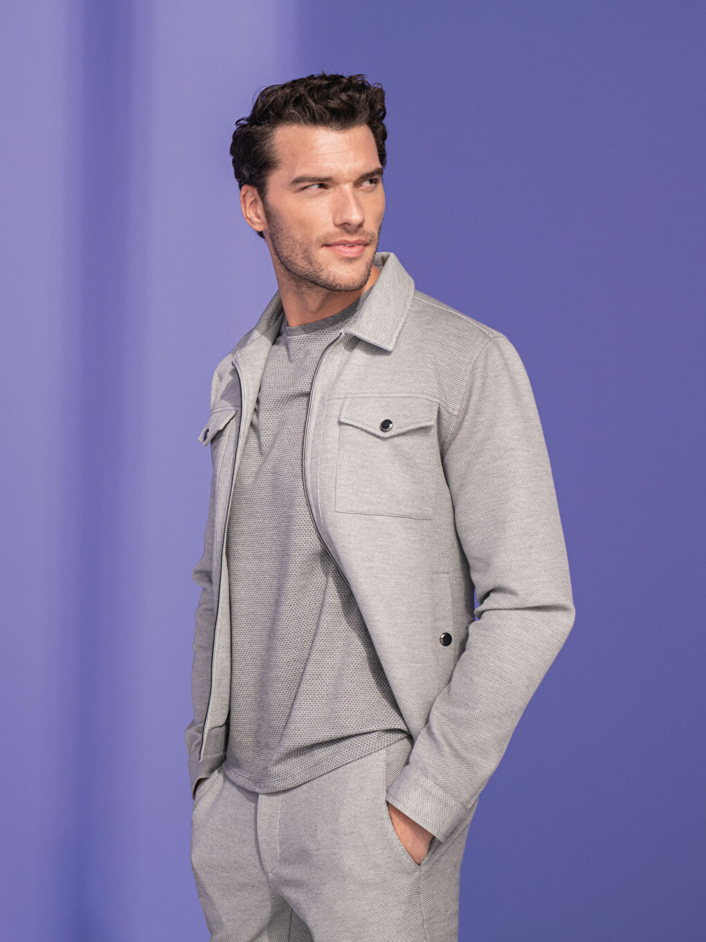 Gri Slim Fit Gömlek Yaka İnce Erkek Mont