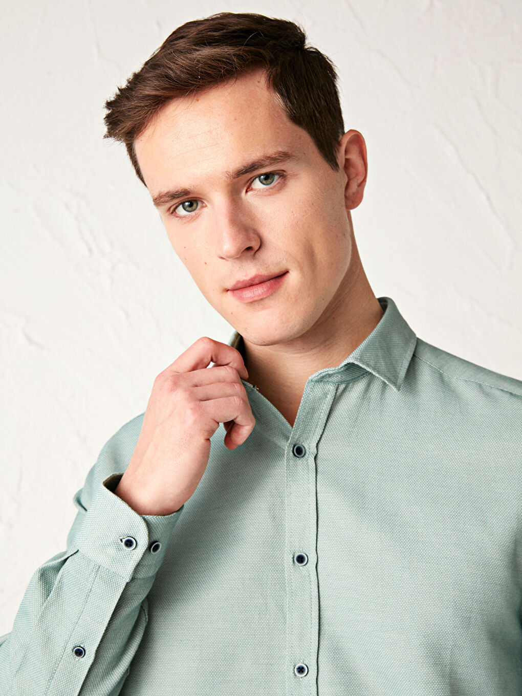 Yeşil Slim Fit Uzun Kollu Armürlü Gömlek