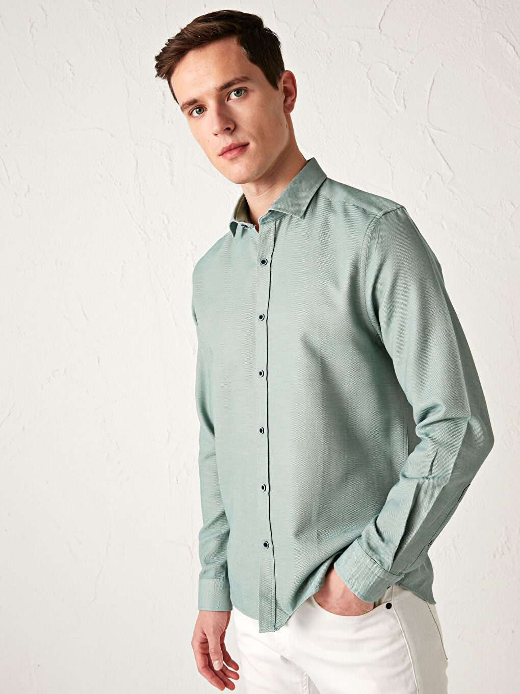 Yeşil Slim Fit Uzun Kollu Armürlü Gömlek-1