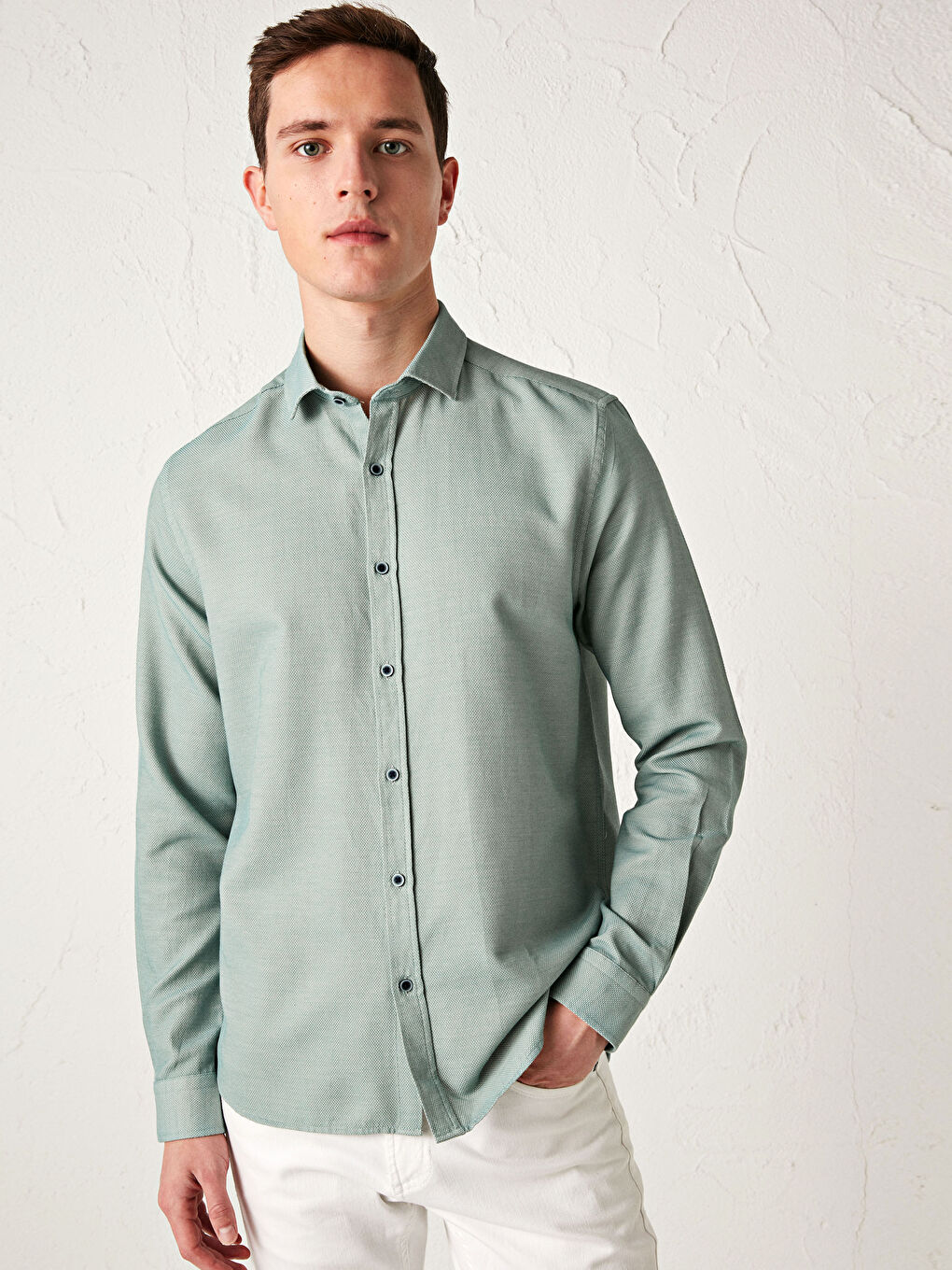 Yeşil Slim Fit Uzun Kollu Armürlü Gömlek-2