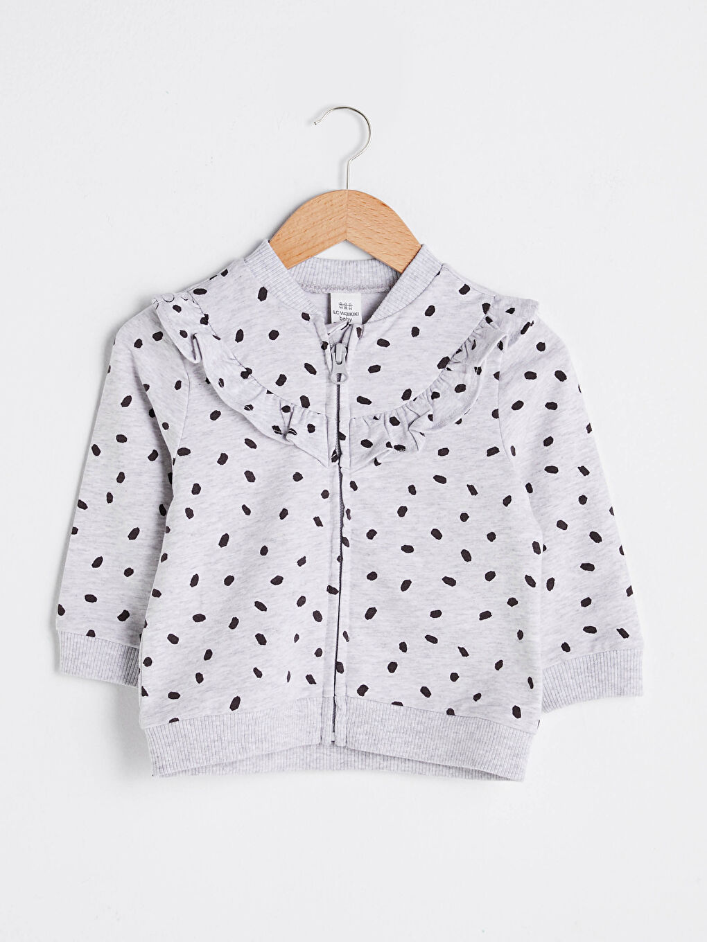 Gri Bisiklet Yaka Baskılı Fırfır Detaylı Kız Bebek Fermuarlı Sweatshirt