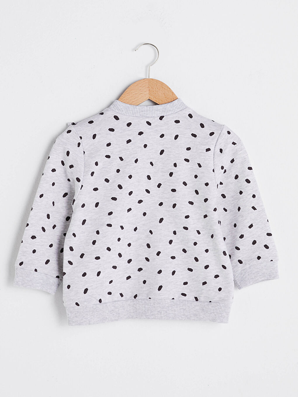 Gri Bisiklet Yaka Baskılı Fırfır Detaylı Kız Bebek Fermuarlı Sweatshirt-1