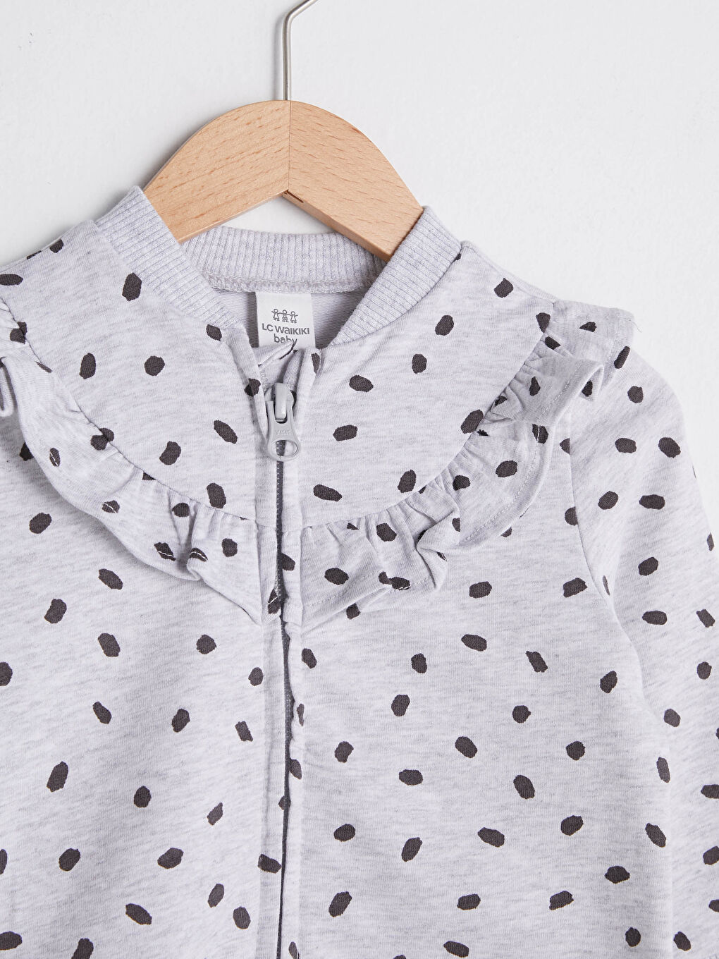 Gri Bisiklet Yaka Baskılı Fırfır Detaylı Kız Bebek Fermuarlı Sweatshirt-2
