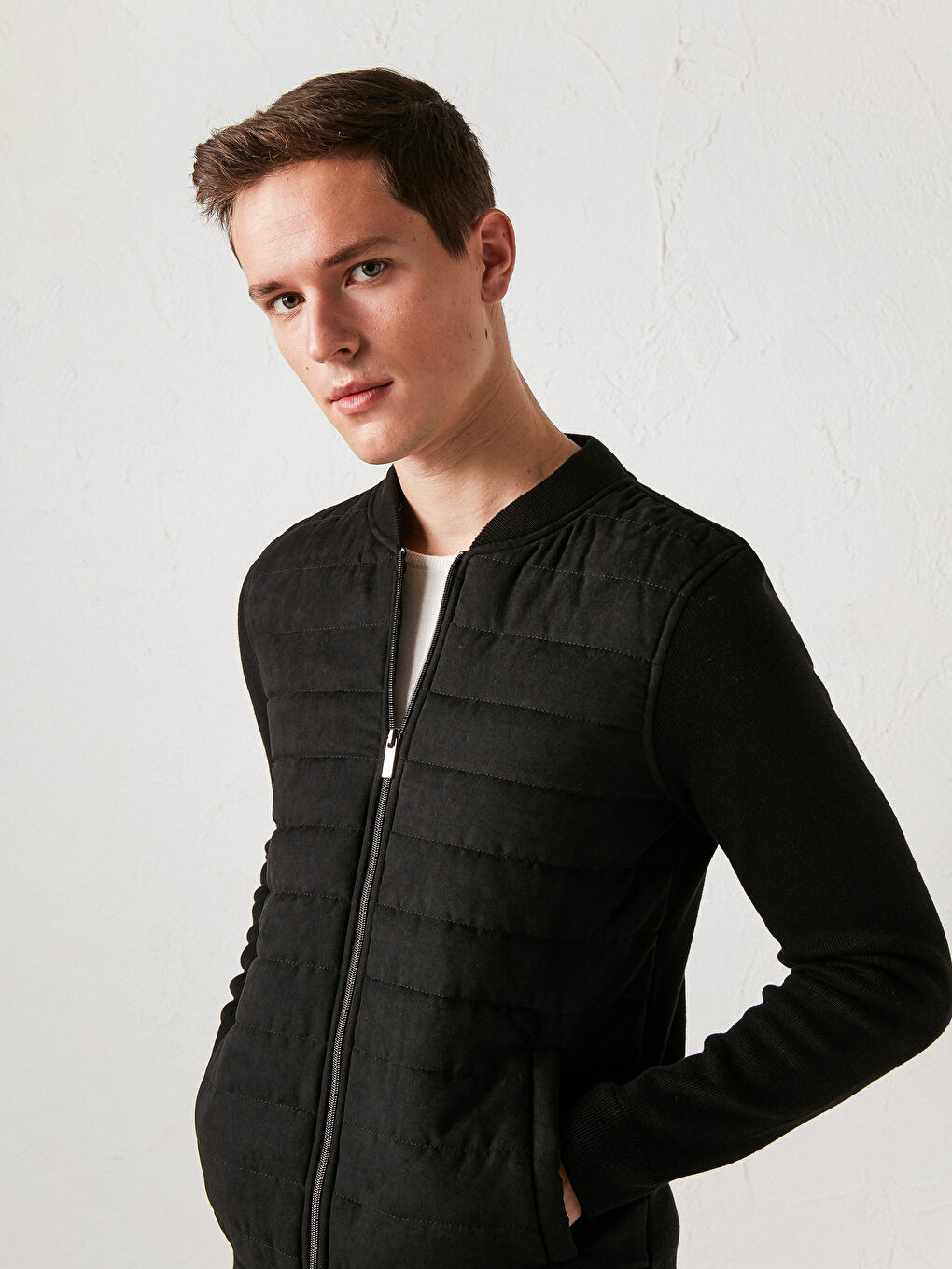 Siyah Slim Fit Bomber Triko Mont