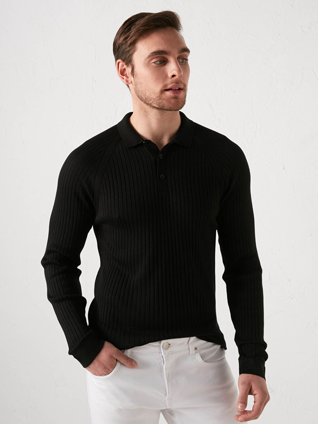 Siyah Polo Yaka Uzun Kollu İnce Erkek Triko Kazak