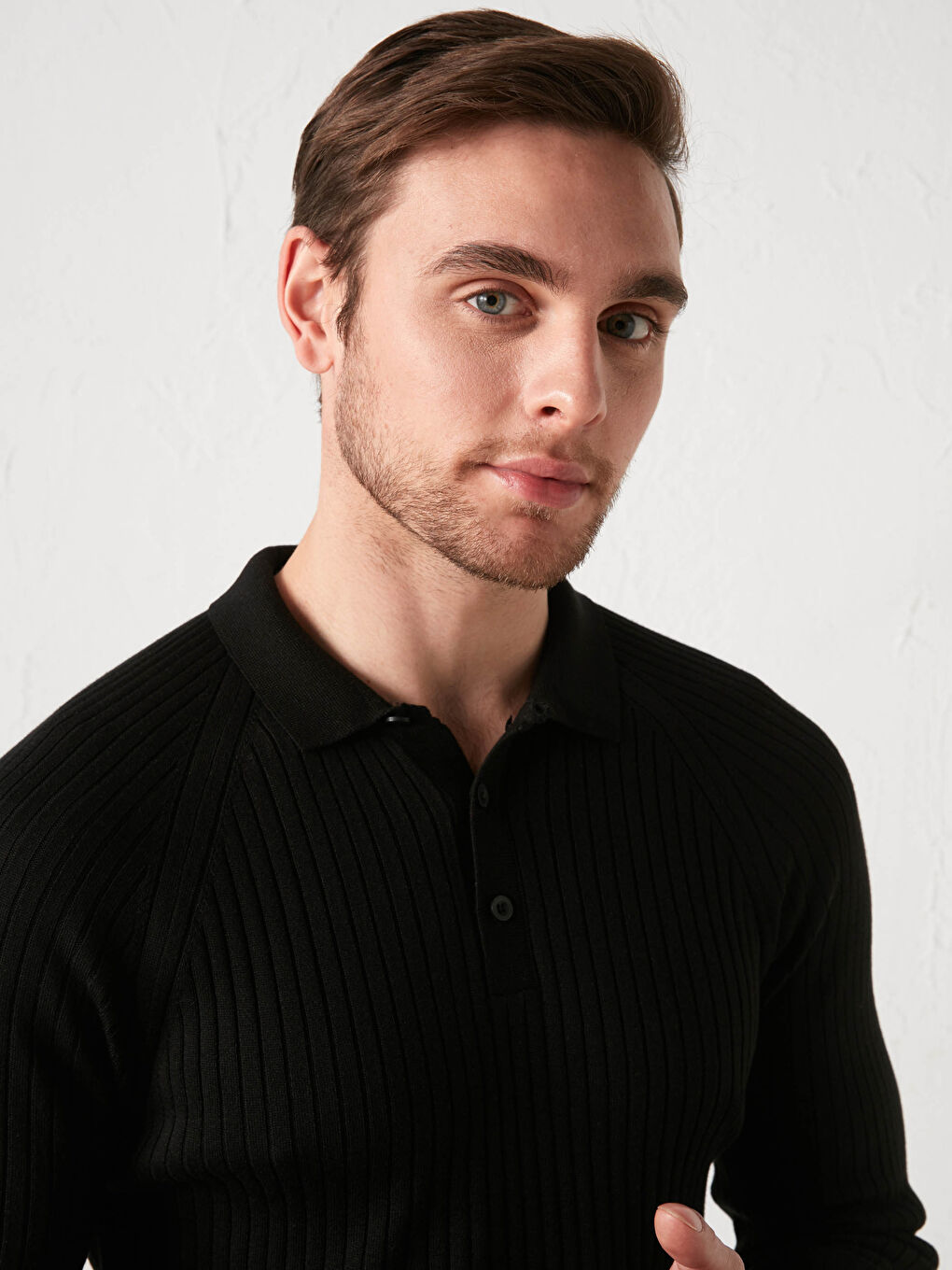 Siyah Polo Yaka Uzun Kollu İnce Erkek Triko Kazak-2