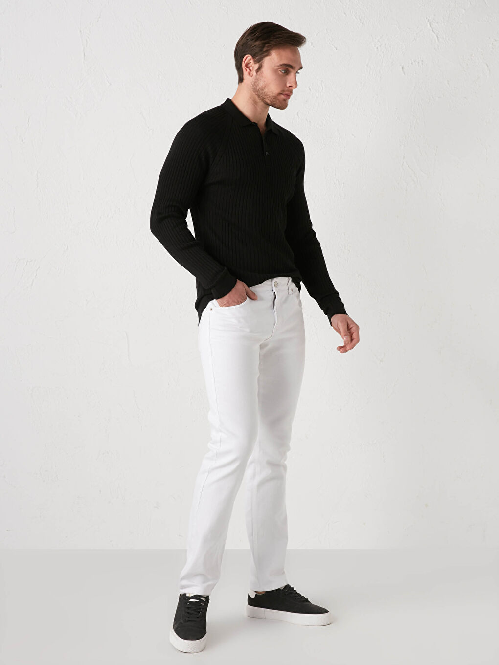 Siyah Polo Yaka Uzun Kollu İnce Erkek Triko Kazak-3