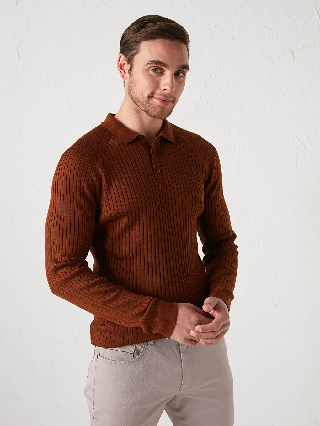 Polo Neck Long Sleeve Thin Men's Tricot Sweater