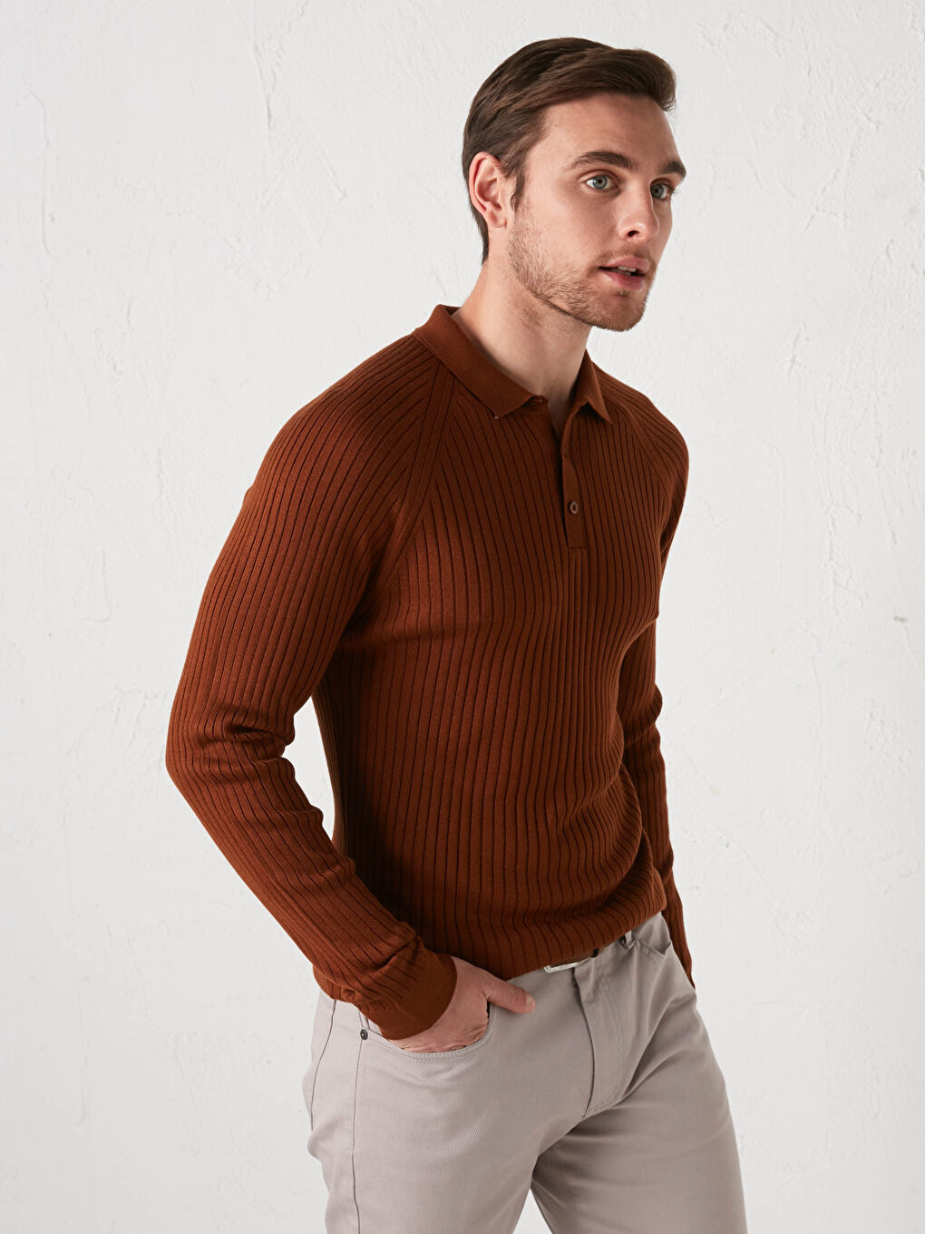 Polo Neck Long Sleeve Thin Men's Tricot Sweater-1