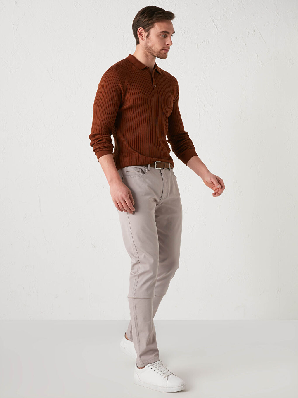 Polo Neck Long Sleeve Thin Men's Tricot Sweater-3