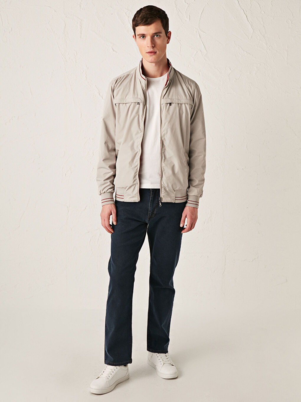 Bej Rahat Kalıp Dik Yaka Çift Taraflı Erkek Bomber Mont-2