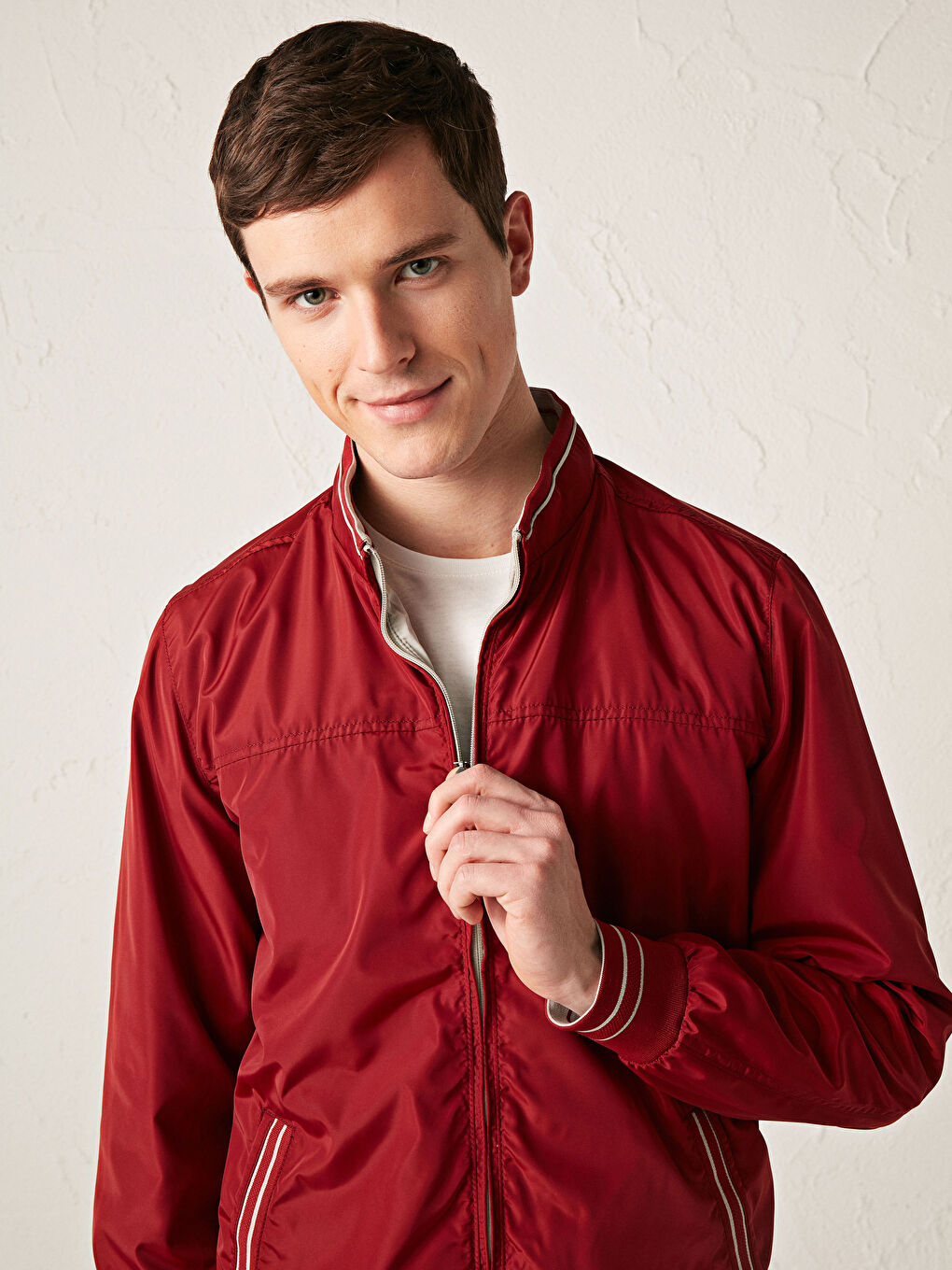 Bej Rahat Kalıp Dik Yaka Çift Taraflı Erkek Bomber Mont-4