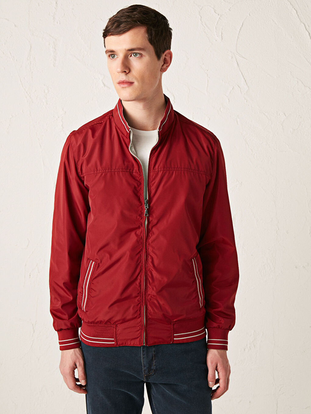 Bej Rahat Kalıp Dik Yaka Çift Taraflı Erkek Bomber Mont-5