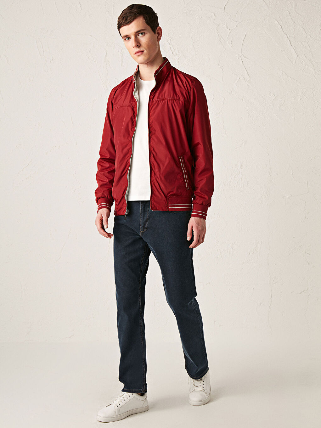 Bej Rahat Kalıp Dik Yaka Çift Taraflı Erkek Bomber Mont-6