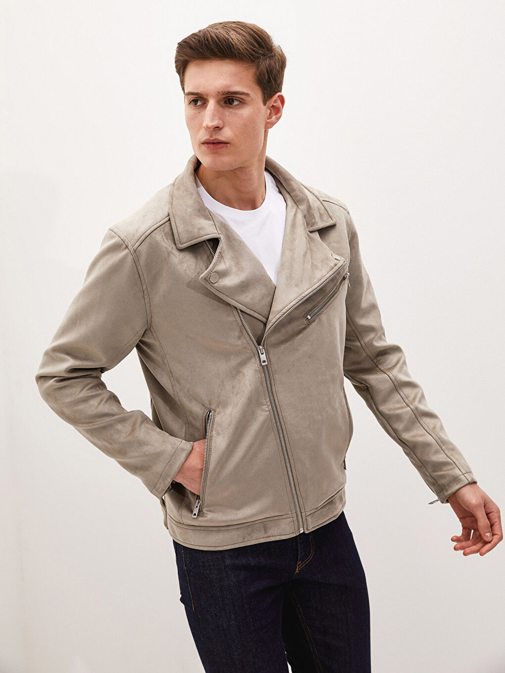 Bej Slim Fit Biker Yaka İnce Süet Erkek Mont-1