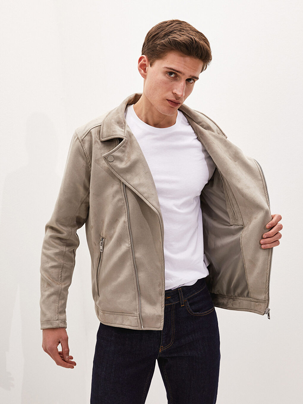 Bej Slim Fit Biker Yaka İnce Süet Erkek Mont-2