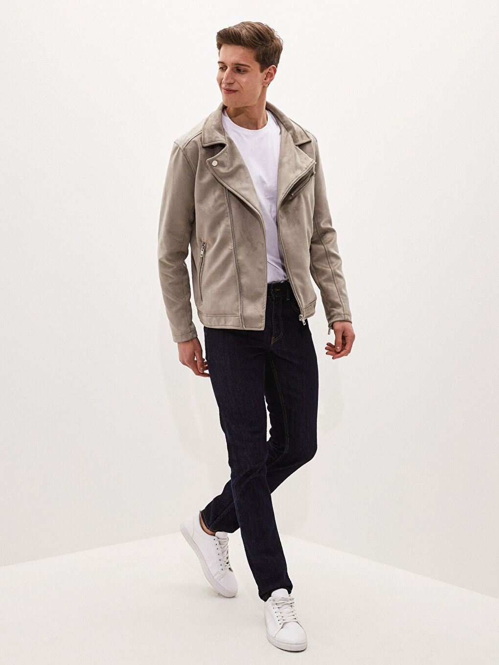 Bej Slim Fit Biker Yaka İnce Süet Erkek Mont-3