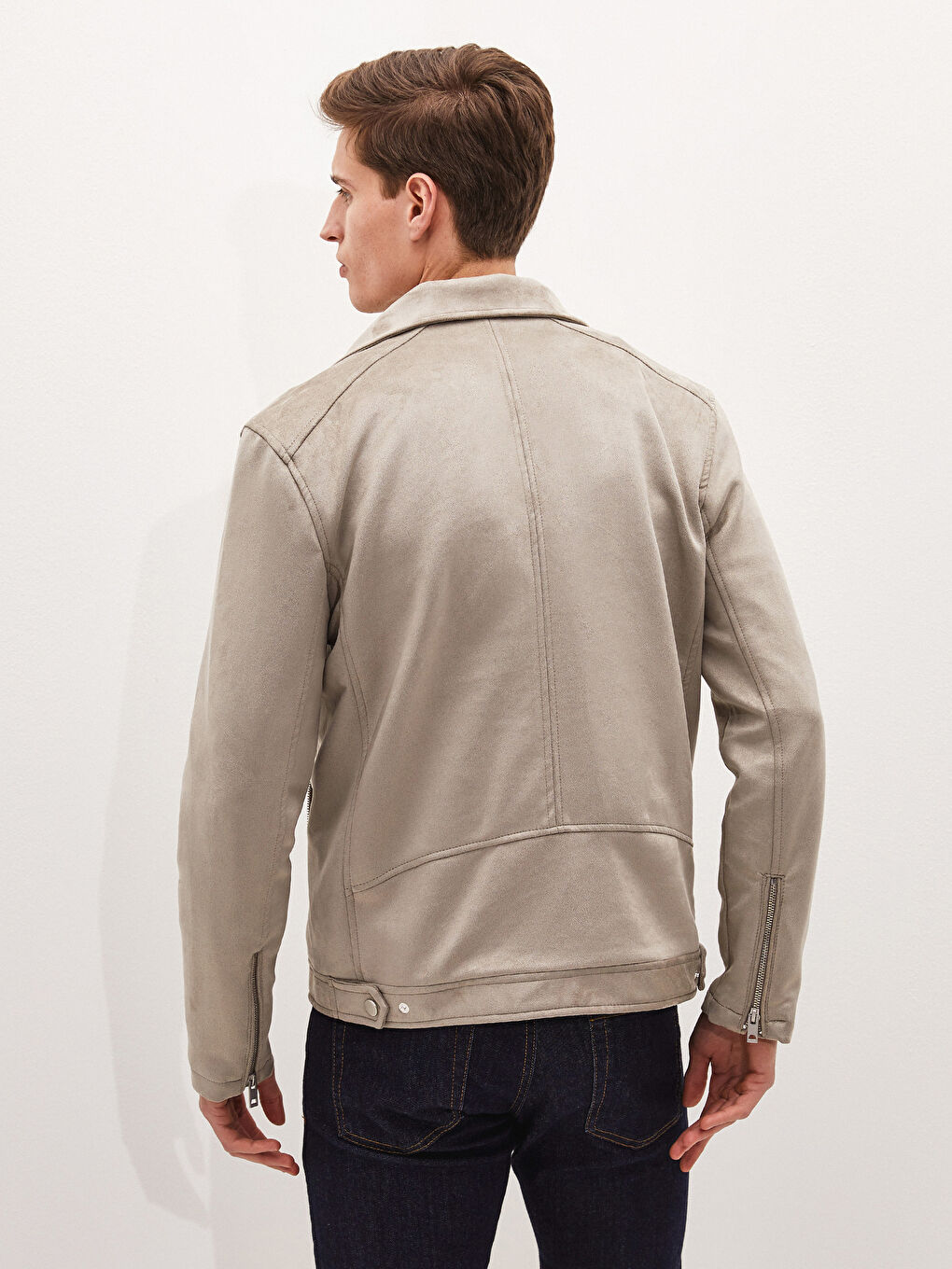 Bej Slim Fit Biker Yaka İnce Süet Erkek Mont-4